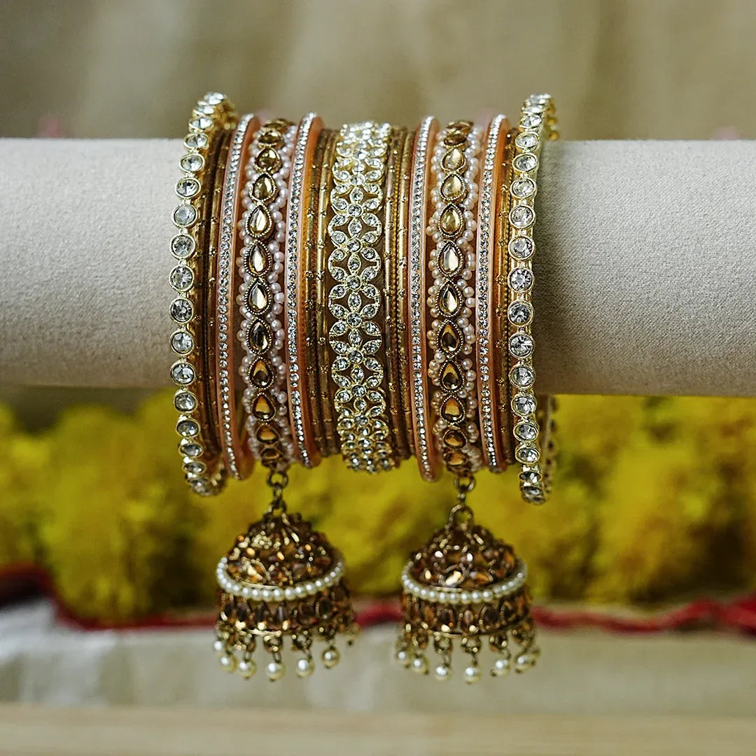 Designer Metal Bangles Set with Jhumki for Women (Both Hands) - The Golden Cascade